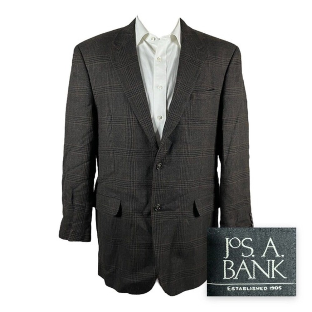 Jos A Bank Sport Coat Blazer Mens 44L Brown Plaid Flannel‎ Soft Tweed Wool